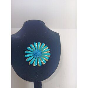 Vintage Flower Brooch Blue Gold Daisy Metal And Enamel